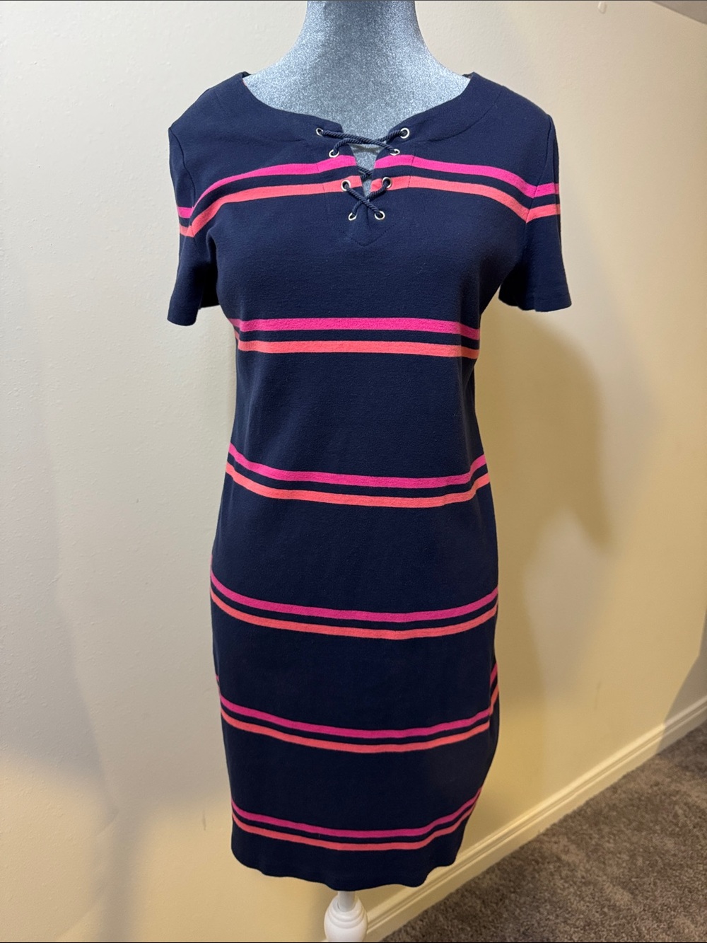 Karen Scott Navy Dress with Pink Stripes and Lace-Up Neckline